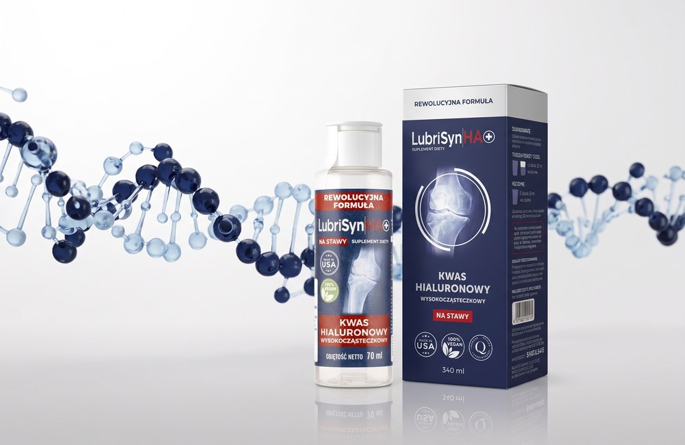 Produkty LubriSyn HA+ na tle wizualizacji cząsteczki